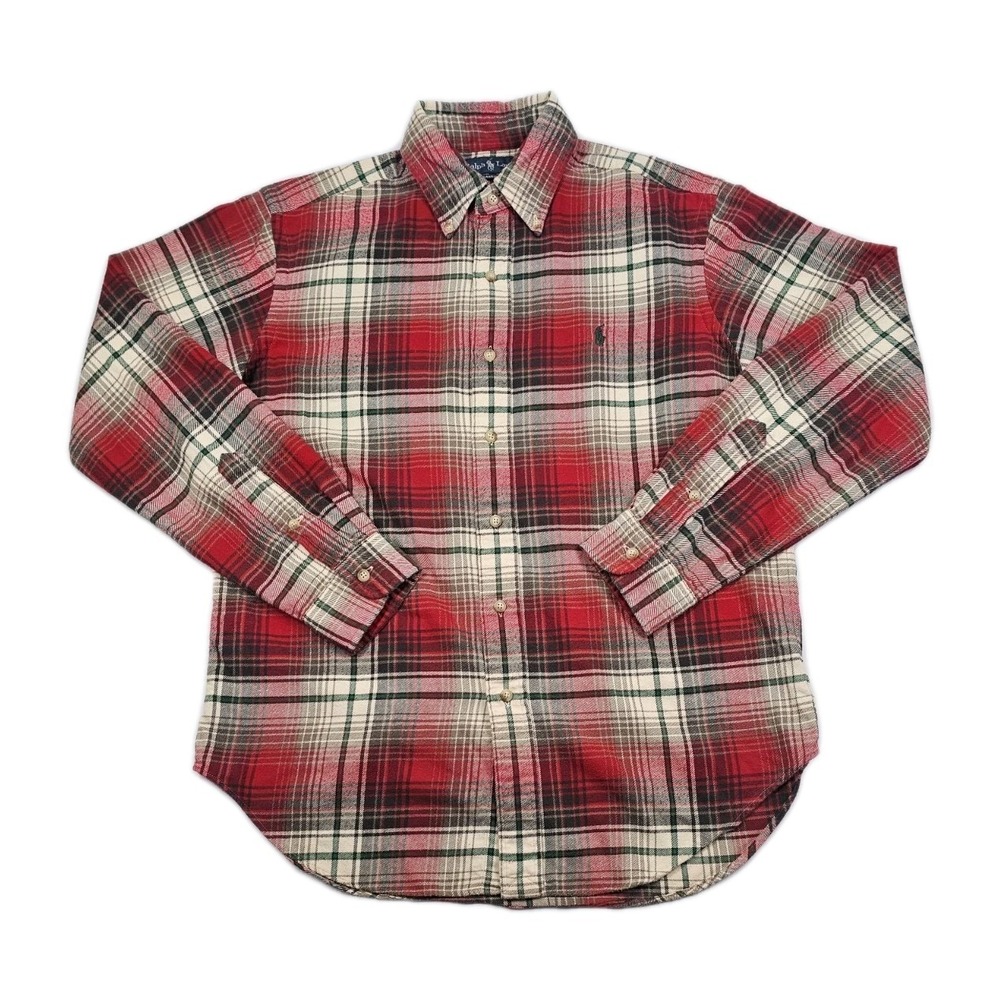 Mens Ralph Lauren Classic Fit Mens Med Flannel Plaid Shirt Red Green Button Up